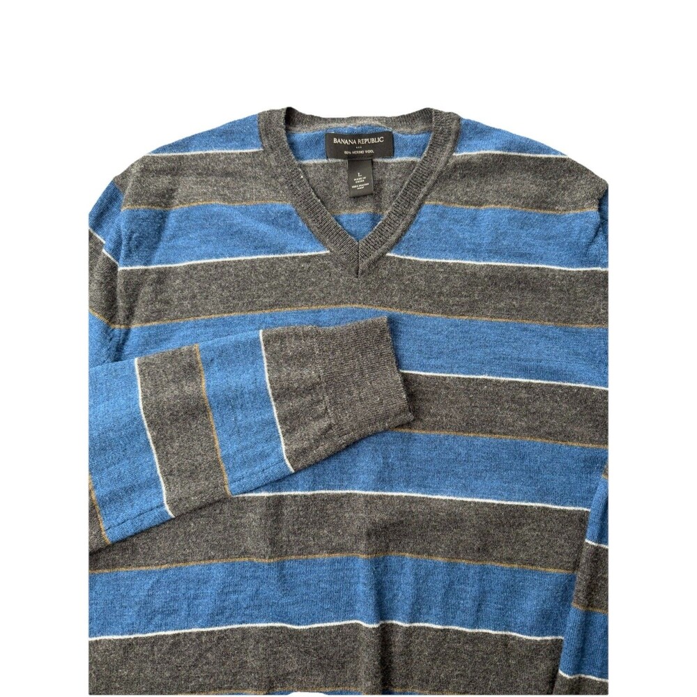 Banana Republic V Neck Merino Wool Sweater Blue Gray Striped Mens M‎